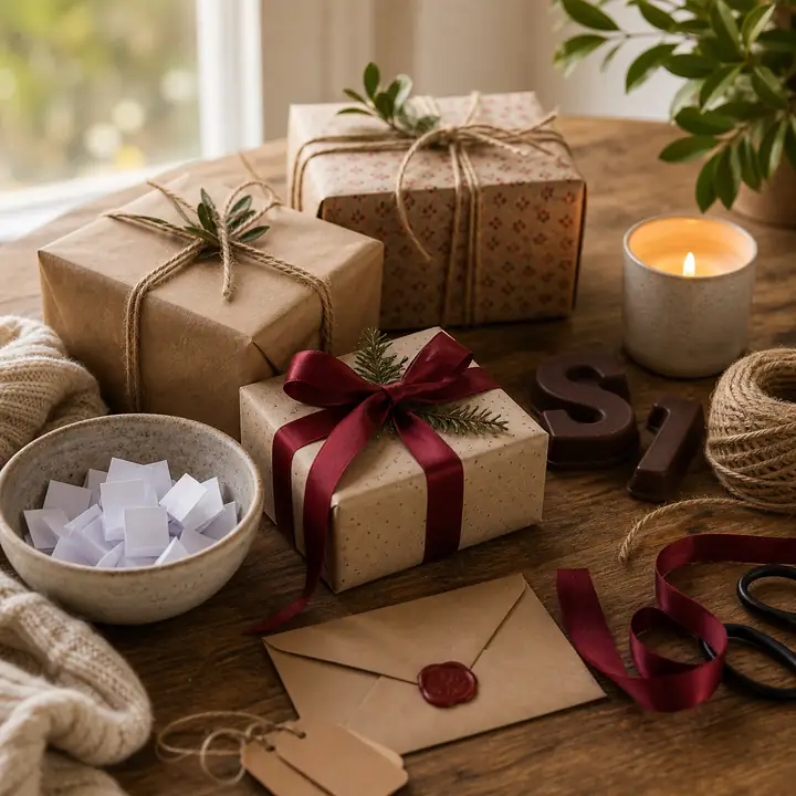 Wrapped gifts, folded paper slips, red ribbon and a candle arranged for comparing winter gift traditions.