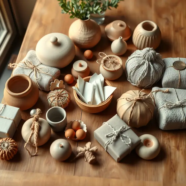 Small gifts wrapped in cloth and paper among ceramic pots and a bowl of name slips