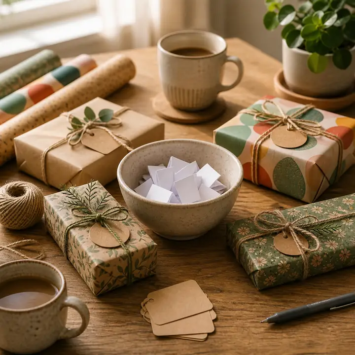 A ceramic bowl of folded name slips surrounded by small wrapped gifts, twine and warm cups on a wooden table.