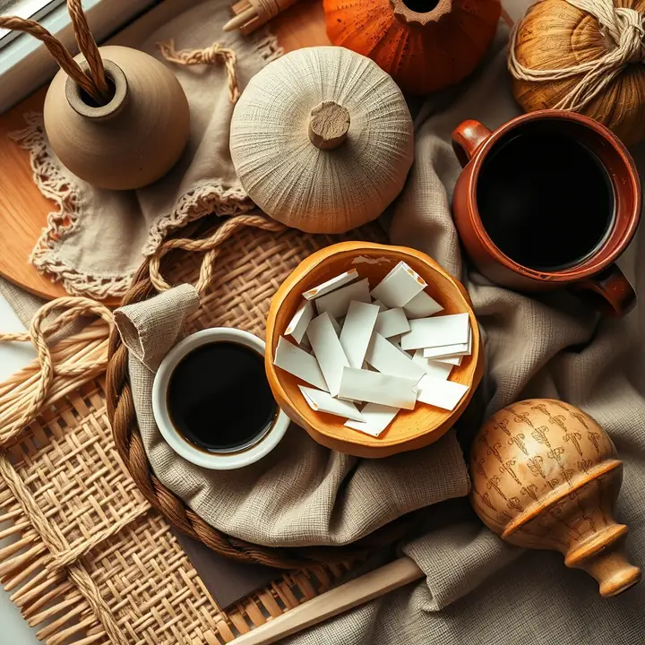 A gourd bowl of name slips beside cups of coffee and carved gourds on woven cloth