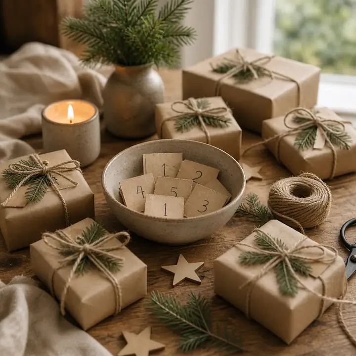 A ceramic bowl of numbered paper slips beside kraft-paper wrapped gifts, evergreen sprigs and a candle.